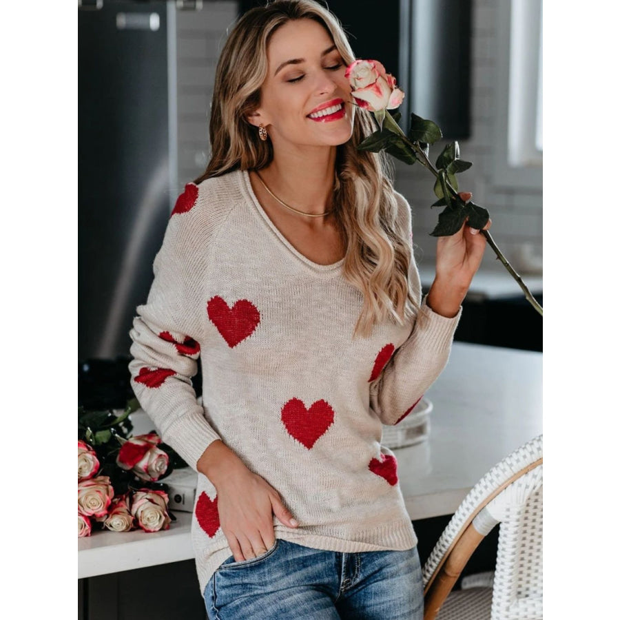 Heart Scoop Neck Long Sleeve Sweater Apparel and Accessories