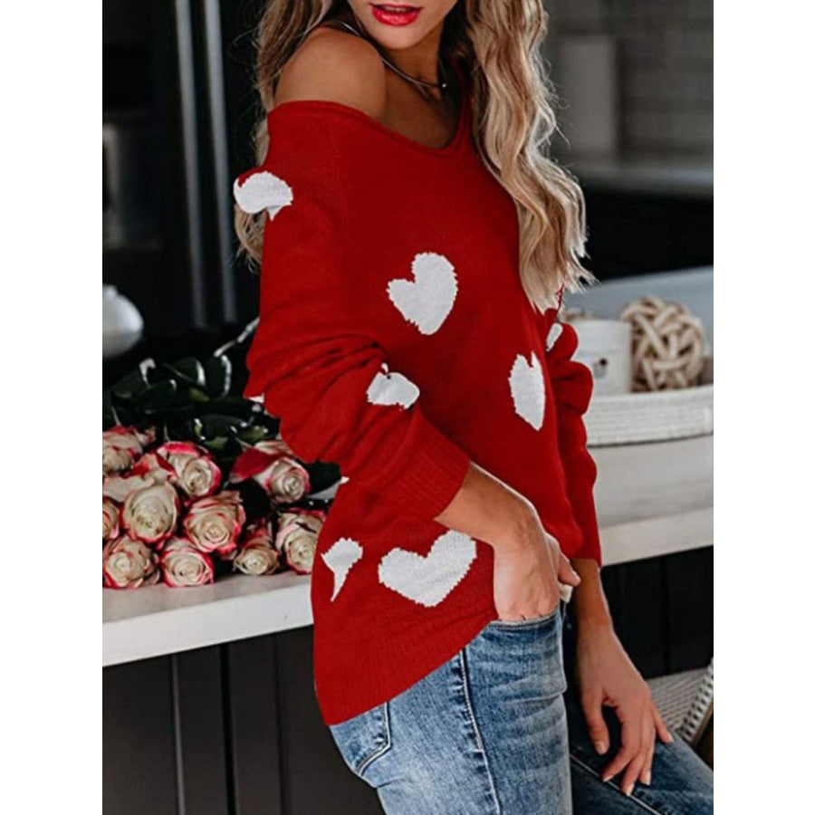 Heart Scoop Neck Long Sleeve Sweater Apparel and Accessories