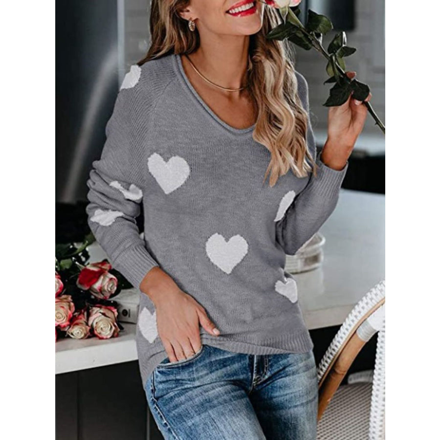 Heart Scoop Neck Long Sleeve Sweater Apparel and Accessories