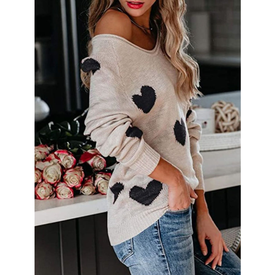 Heart Scoop Neck Long Sleeve Sweater Apparel and Accessories