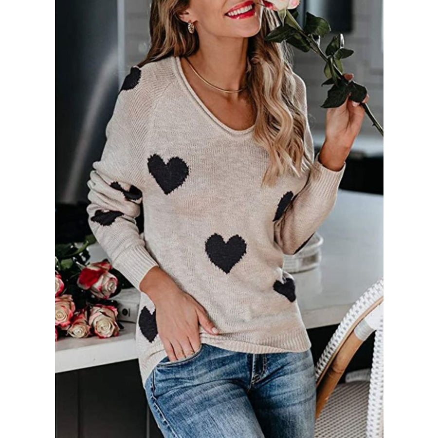 Heart Scoop Neck Long Sleeve Sweater Apparel and Accessories