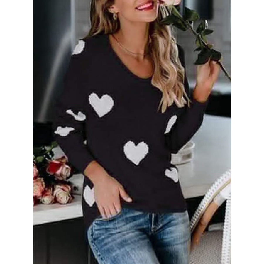 Heart Scoop Neck Long Sleeve Sweater Black / S Apparel and Accessories