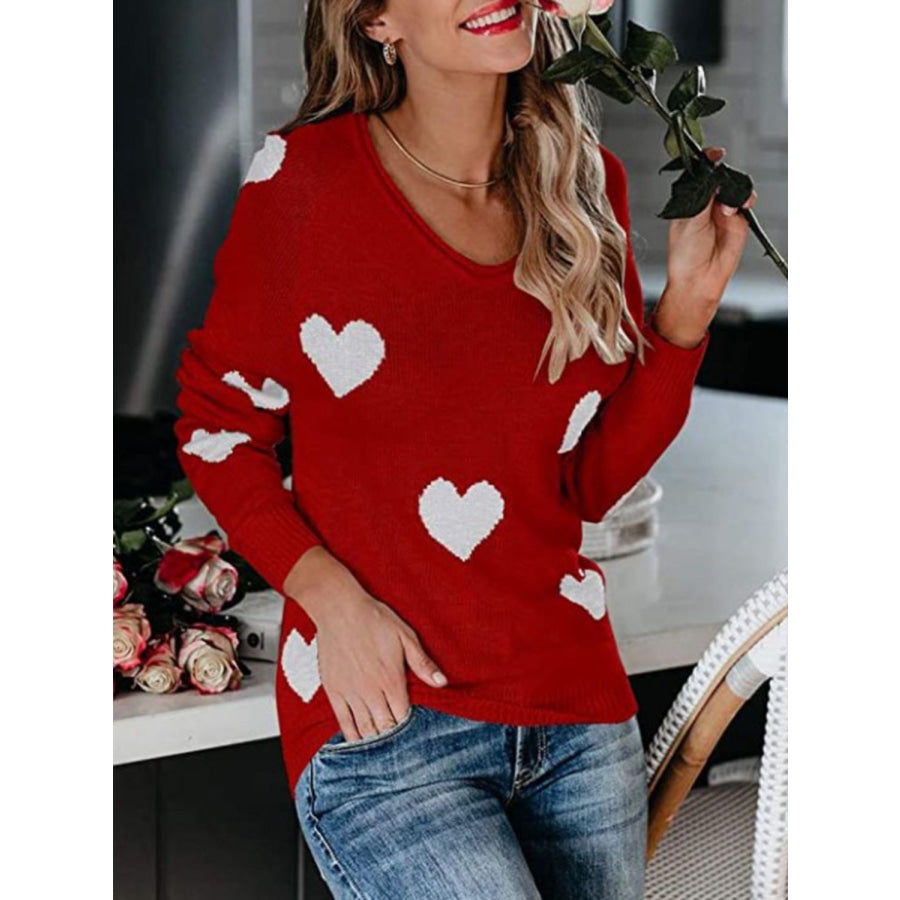 Heart Scoop Neck Long Sleeve Sweater Deep Red / S Apparel and Accessories