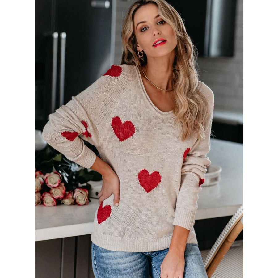 Heart Scoop Neck Long Sleeve Sweater Eggshell / S Apparel and Accessories