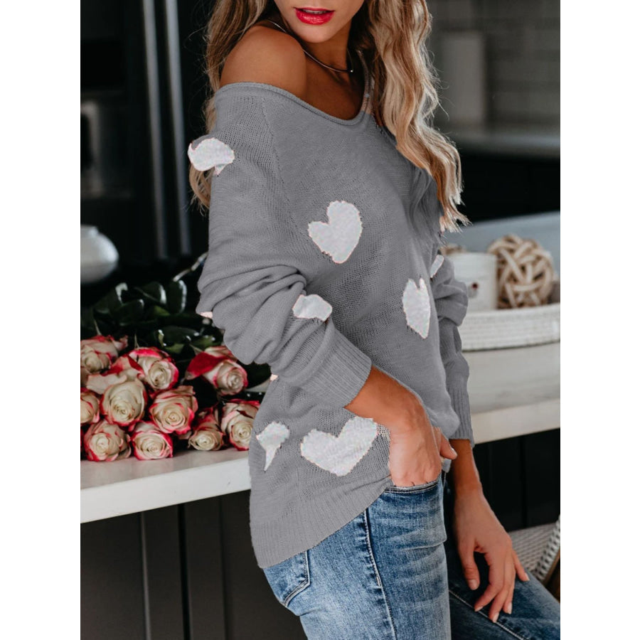 Heart Scoop Neck Long Sleeve Sweater Gray / S Apparel and Accessories