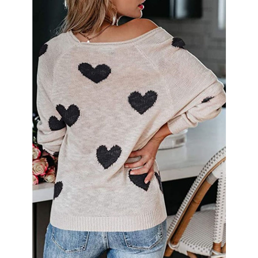 Heart Scoop Neck Long Sleeve Sweater White / S Apparel and Accessories