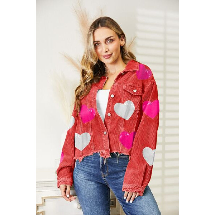 Heart Sequin Dropped Shoulder Jacket Deep Red / S Apparel and Accessories