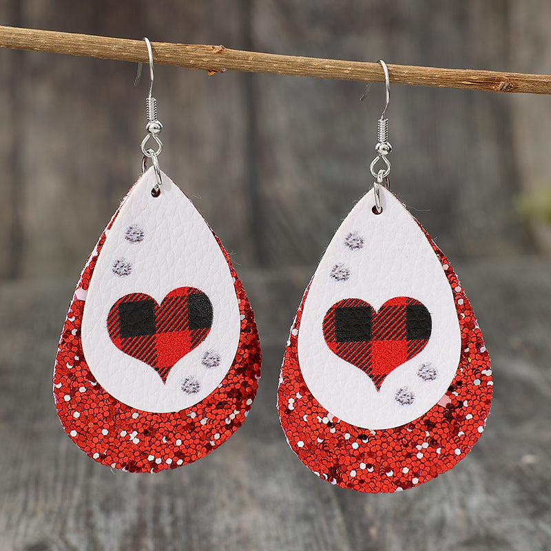 Heart Sequin Leather Teardrop Earrings Red / One Size Apparel and Accessories