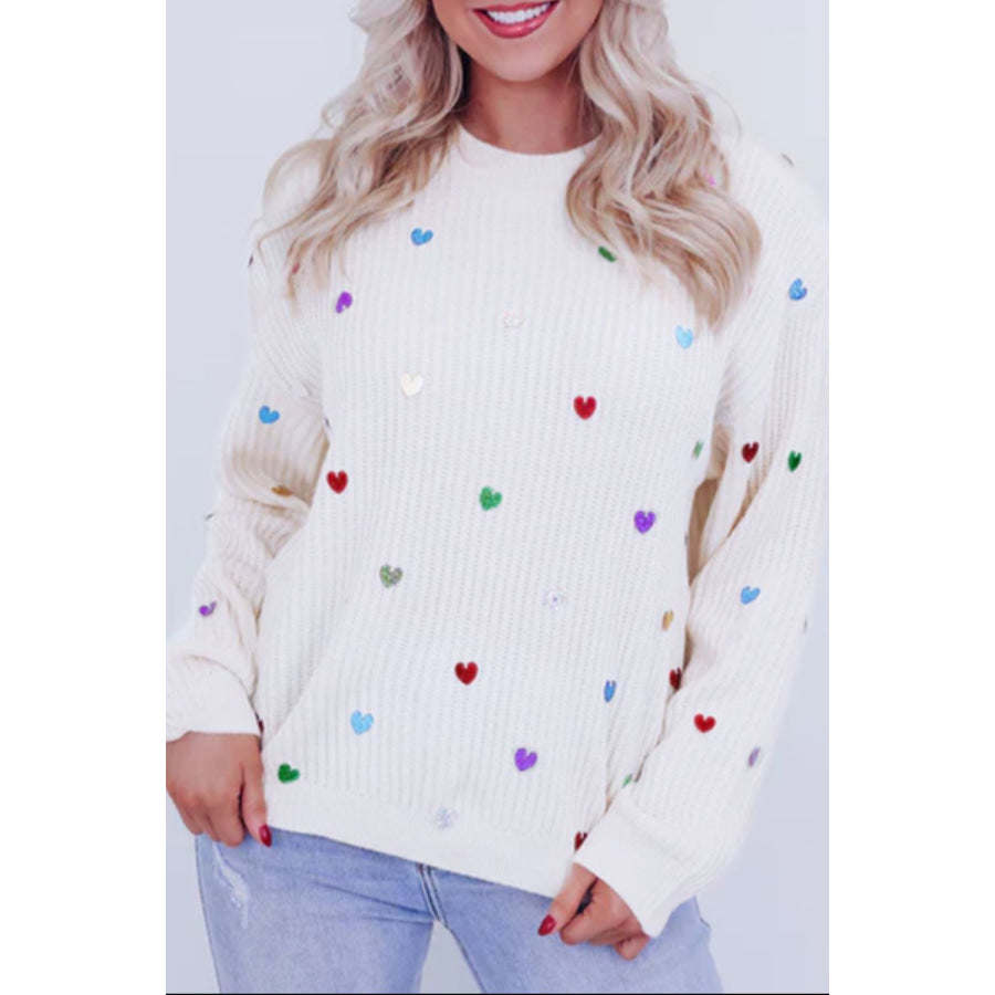 Heart Sequin Round Neck Long Sleeve Sweater Apparel and Accessories