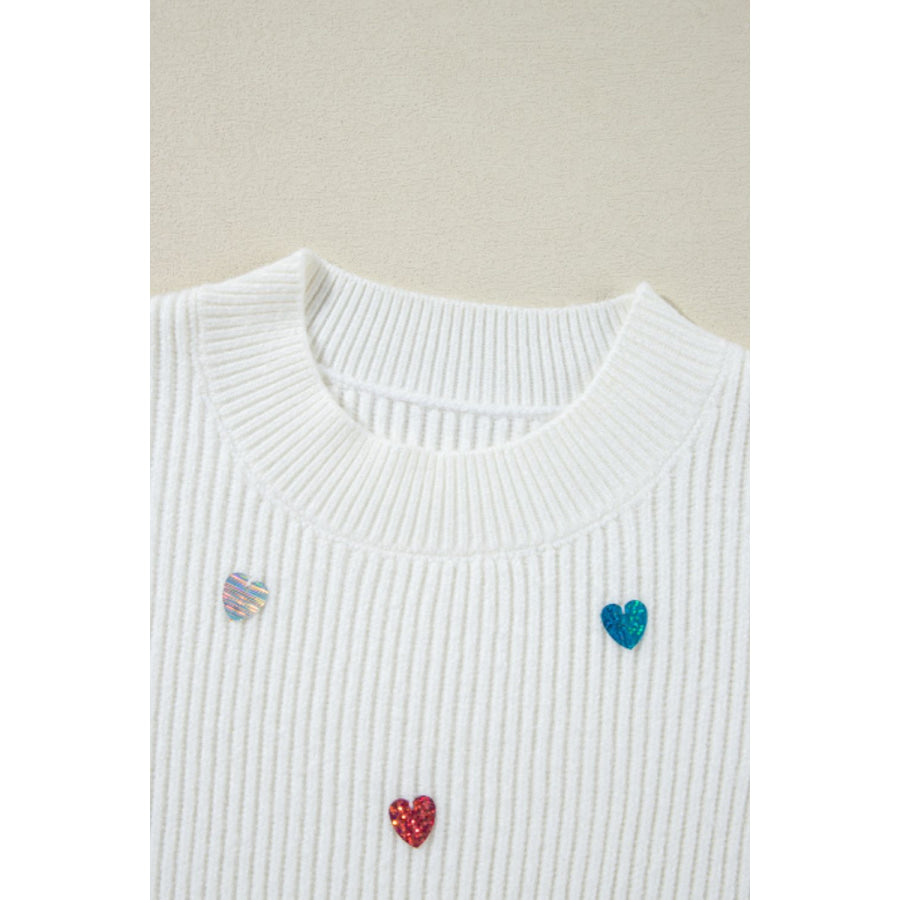 Heart Sequin Round Neck Long Sleeve Sweater Apparel and Accessories