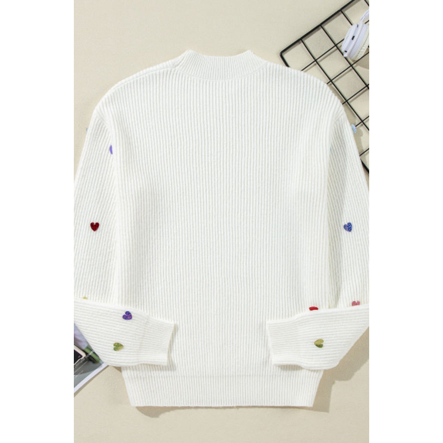 Heart Sequin Round Neck Long Sleeve Sweater Apparel and Accessories