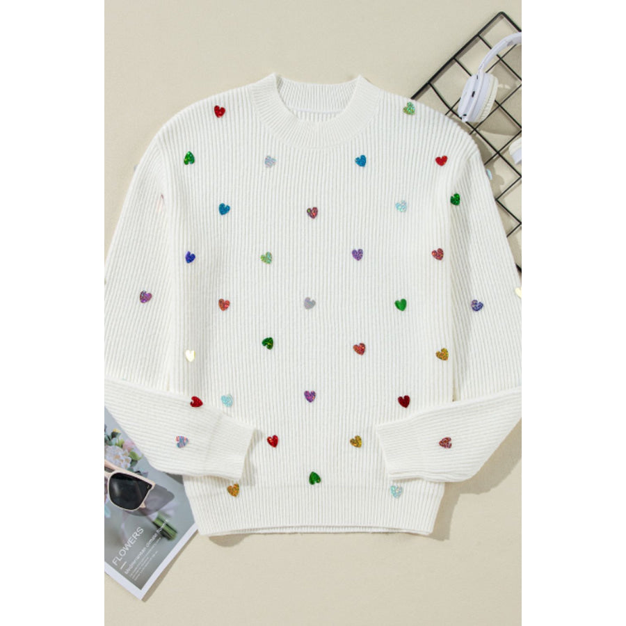 Heart Sequin Round Neck Long Sleeve Sweater Apparel and Accessories