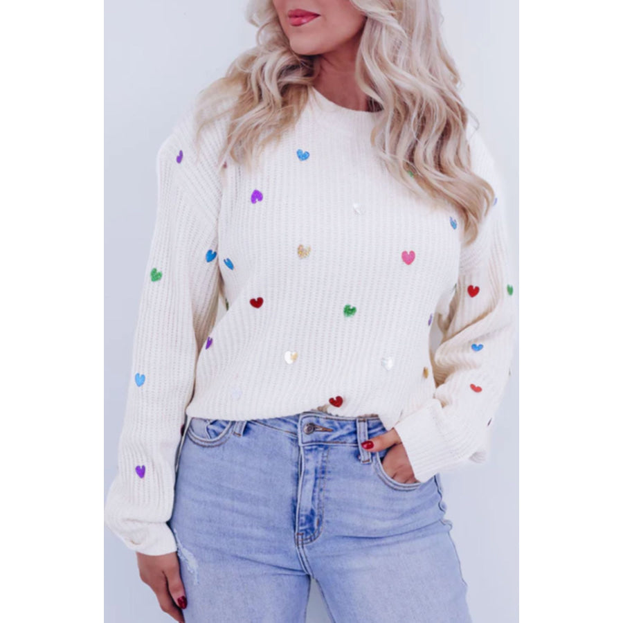 Heart Sequin Round Neck Long Sleeve Sweater White / S Apparel and Accessories