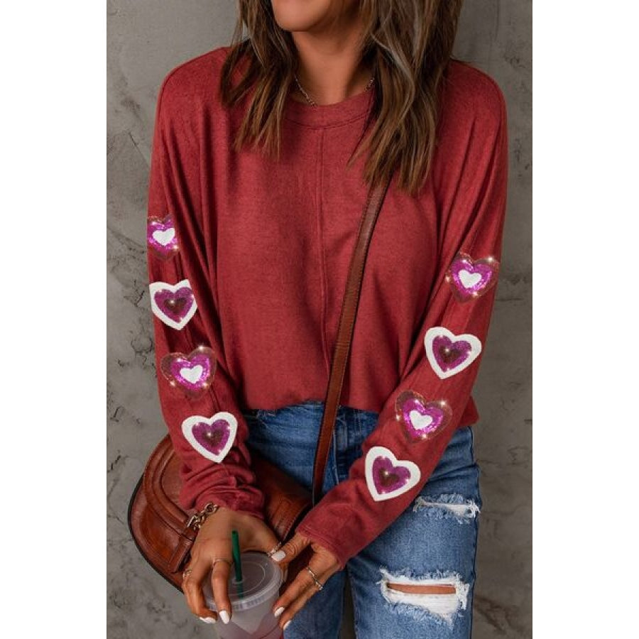 Heart Sequin Round Neck Long Sleeve T-Shirt Clothing