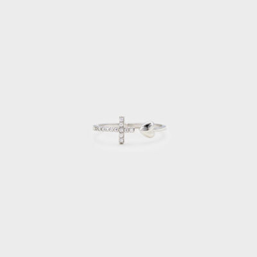 Heart Shape Cross Inlaid Zircon Open Ring Silver / One Size Apparel and Accessories