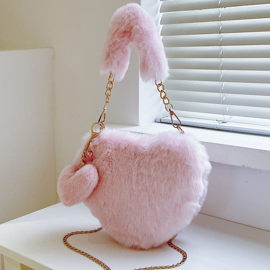 Heart Shape Faux Fur Handbag Blush Pink / One Size Apparel and Accessories