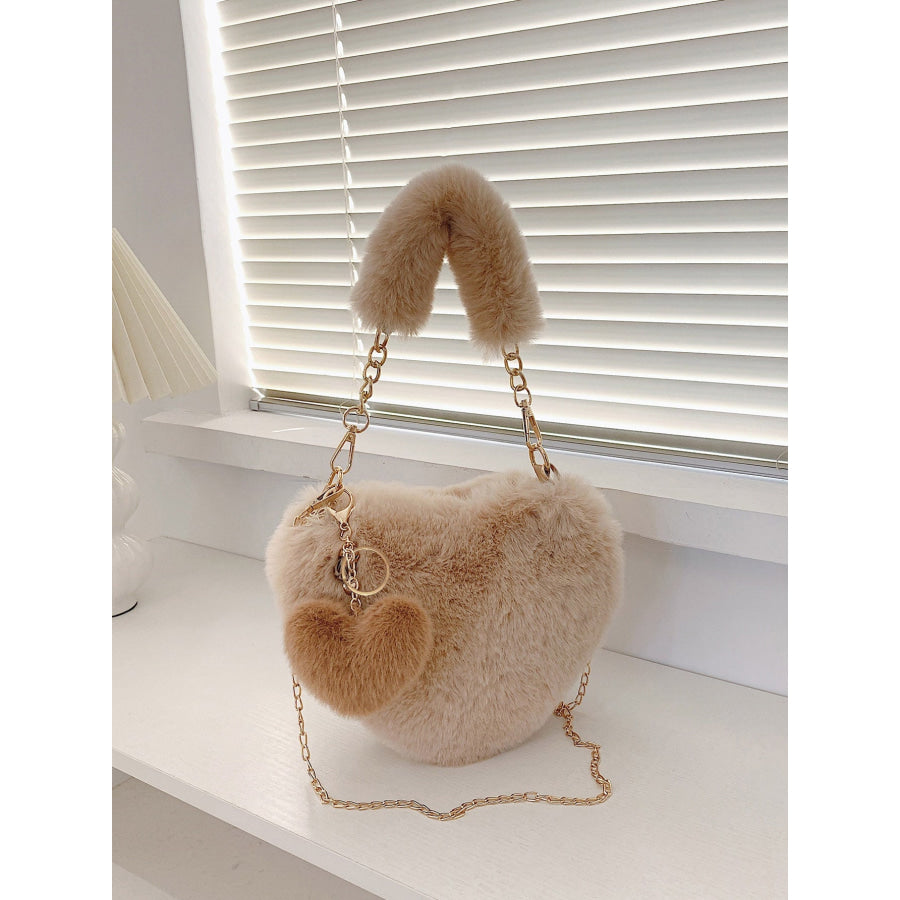 Heart Shape Faux Fur Handbag Khaki / One Size Apparel and Accessories