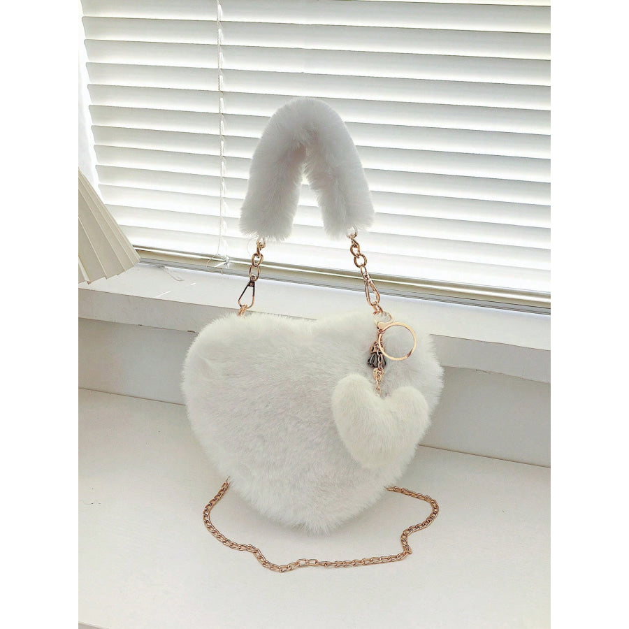 Heart Shape Faux Fur Handbag White / One Size Apparel and Accessories