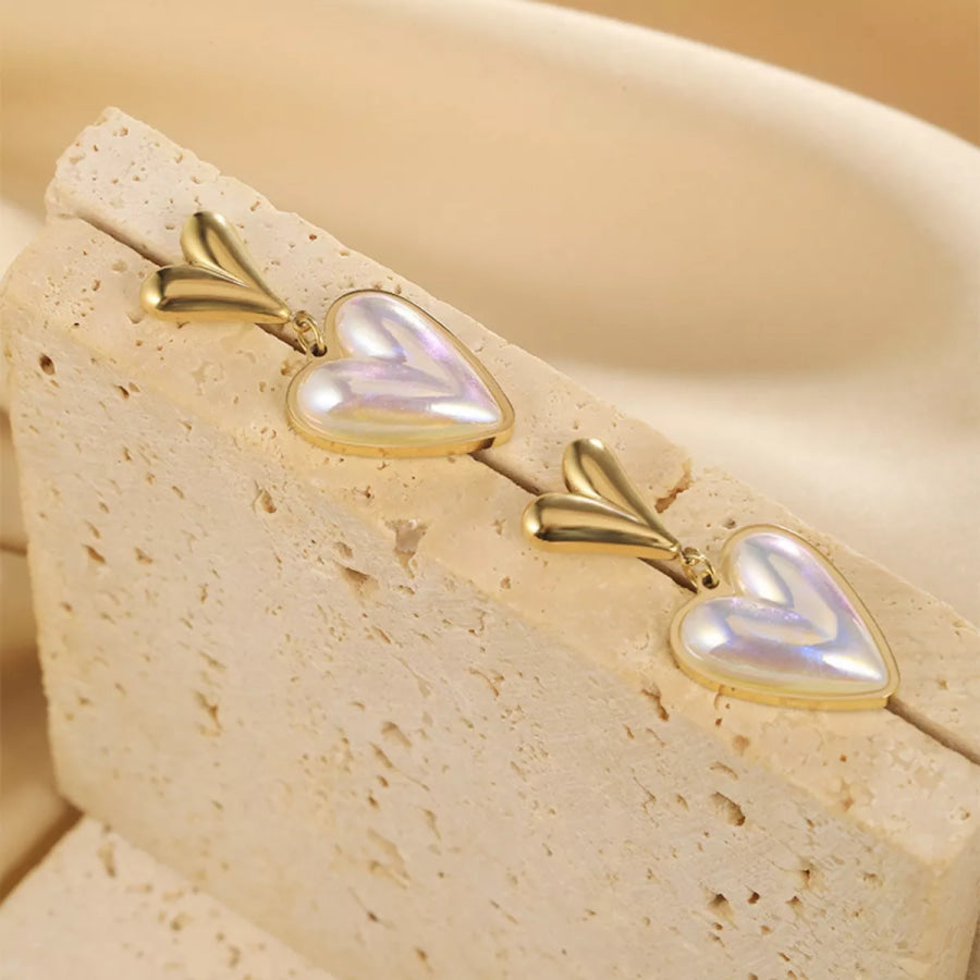 Heart-Shaped Pearl Drop Earrings Gold / One Size Apparel and Accessories