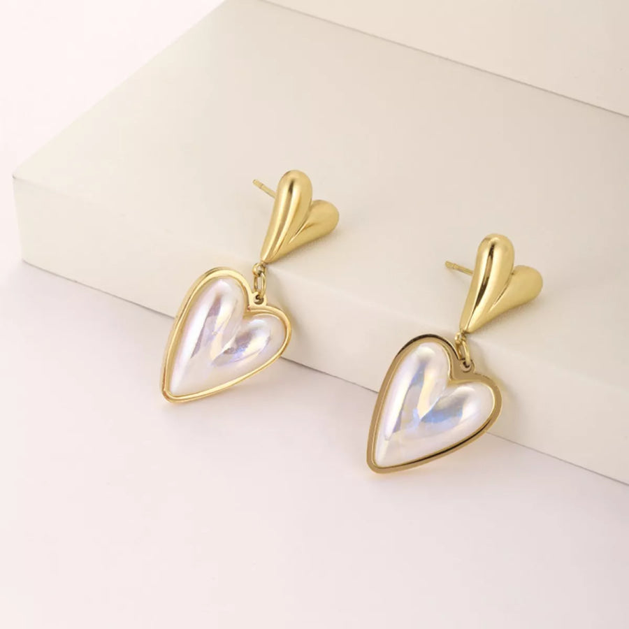 Heart-Shaped Pearl Drop Earrings Gold / One Size Apparel and Accessories