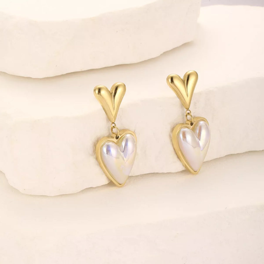 Heart-Shaped Pearl Drop Earrings Gold / One Size Apparel and Accessories