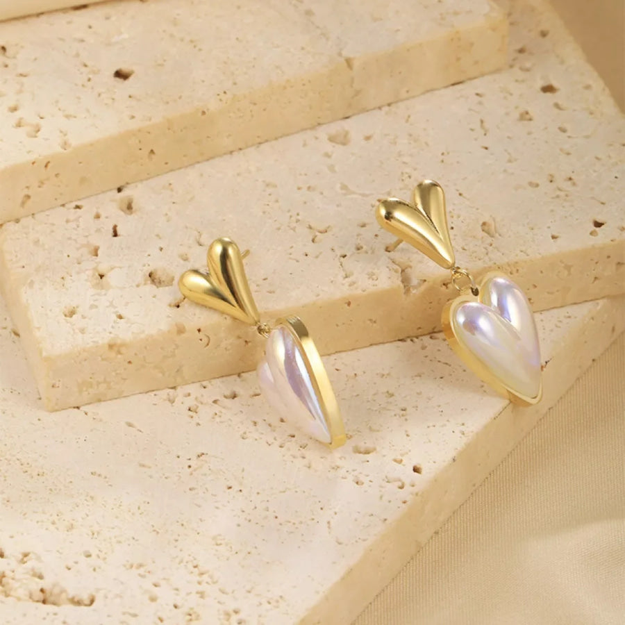 Heart-Shaped Pearl Drop Earrings Gold / One Size Apparel and Accessories