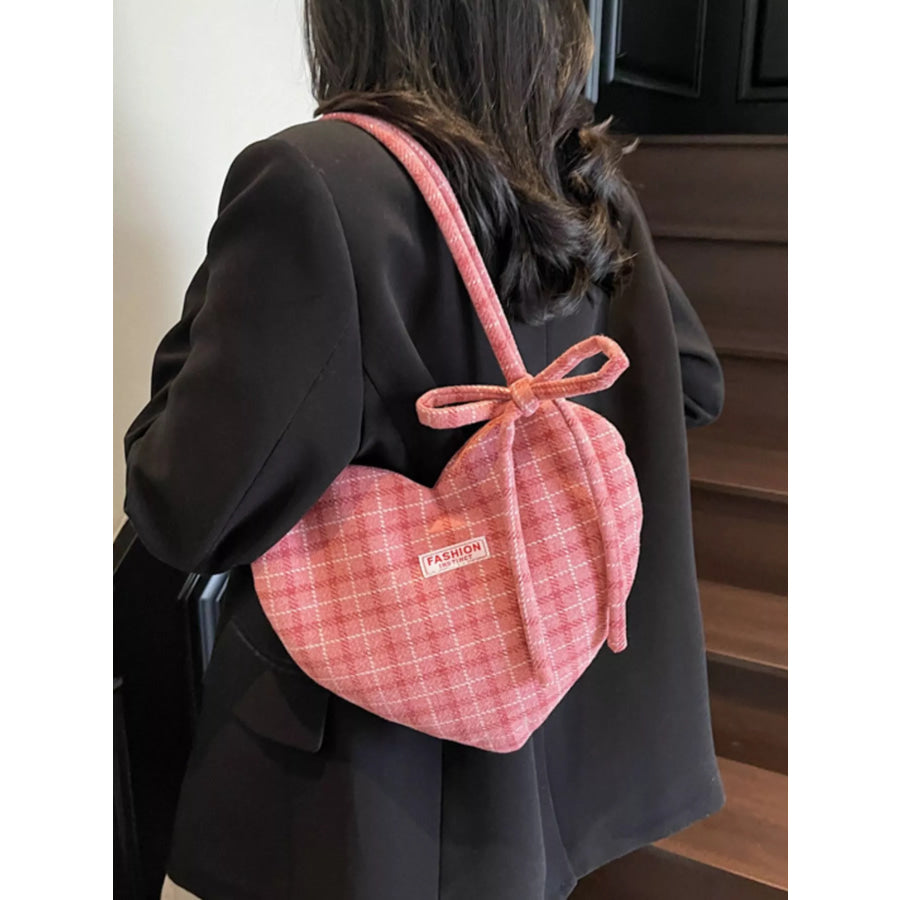 Heart-Shaped Plaid Shoulder Bag Wine Red / ONESIZE Apparel and Accessories