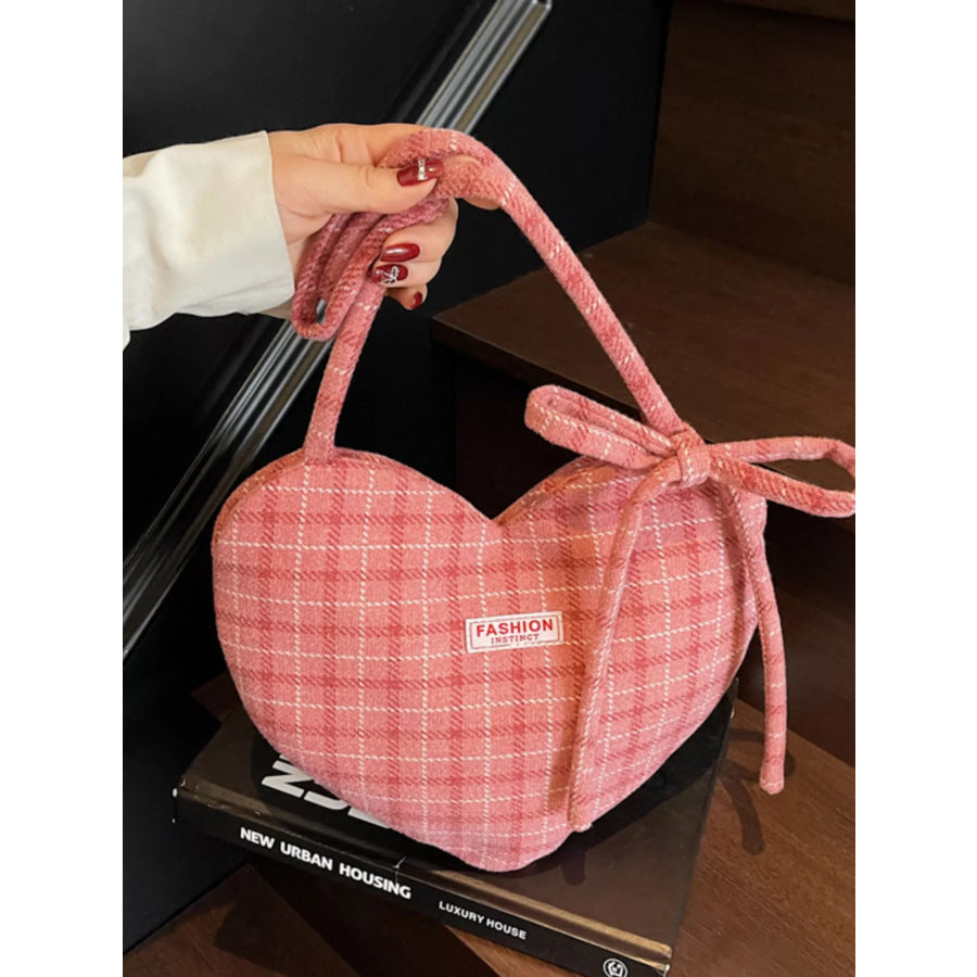 Heart-Shaped Plaid Shoulder Bag Wine Red / ONESIZE Apparel and Accessories