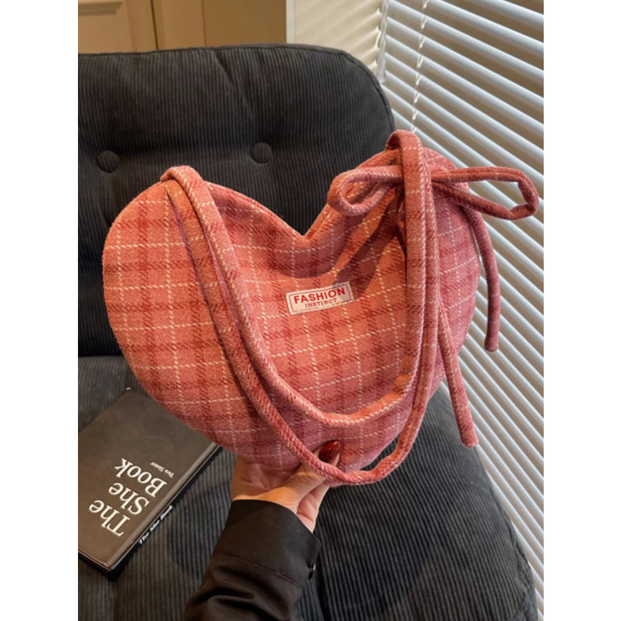Heart-Shaped Plaid Shoulder Bag Wine Red / ONESIZE Apparel and Accessories