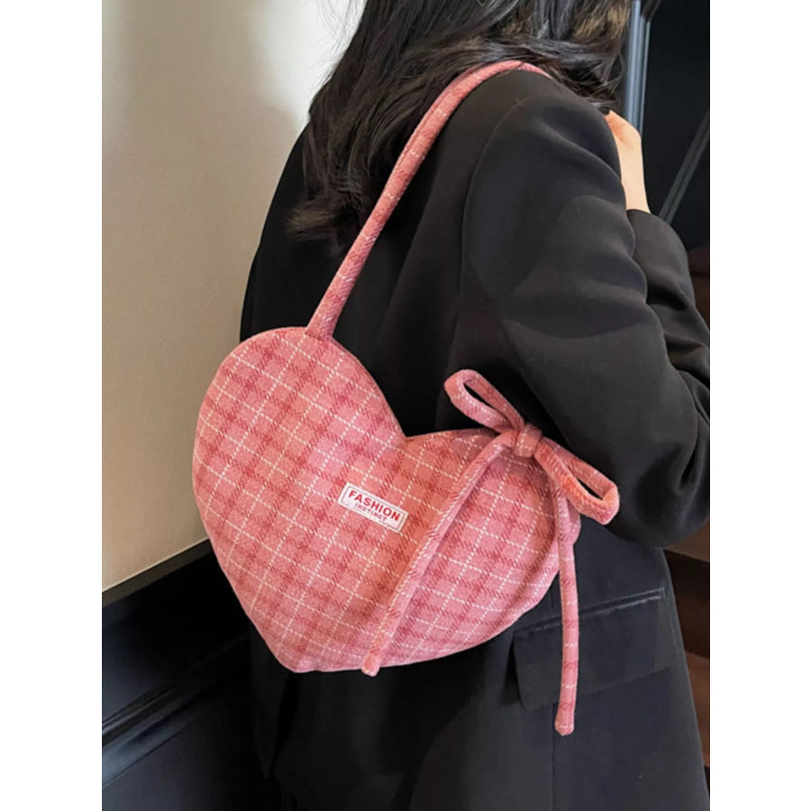 Heart-Shaped Plaid Shoulder Bag Wine Red / ONESIZE Apparel and Accessories