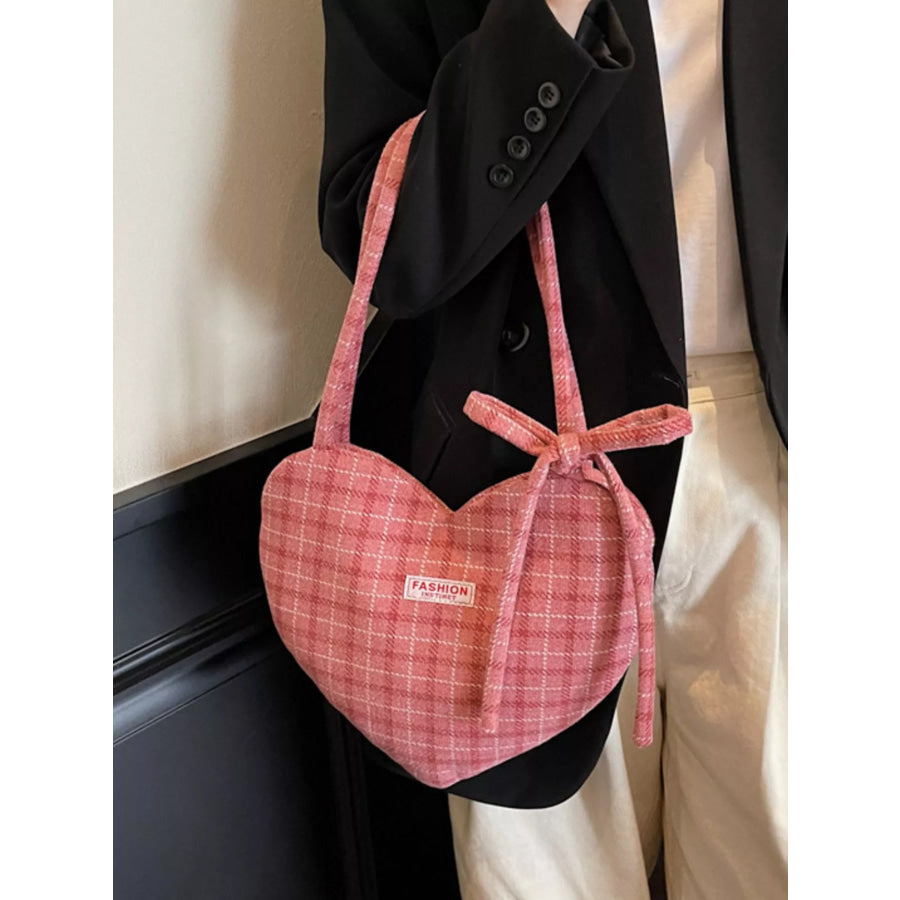 Heart-Shaped Plaid Shoulder Bag Wine Red / ONESIZE Apparel and Accessories