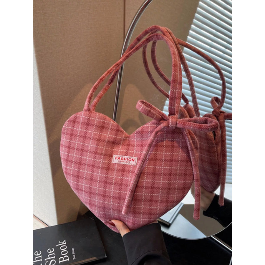 Heart-Shaped Plaid Shoulder Bag Wine Red / ONESIZE Apparel and Accessories