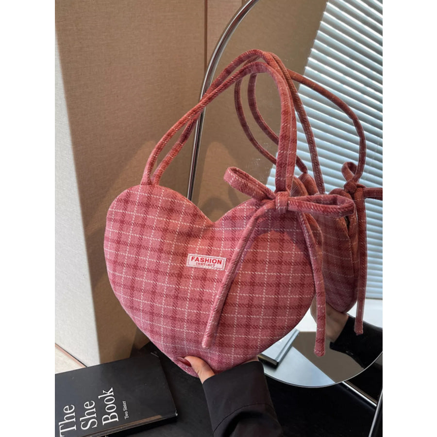 Heart-Shaped Plaid Shoulder Bag Wine Red / ONESIZE Apparel and Accessories