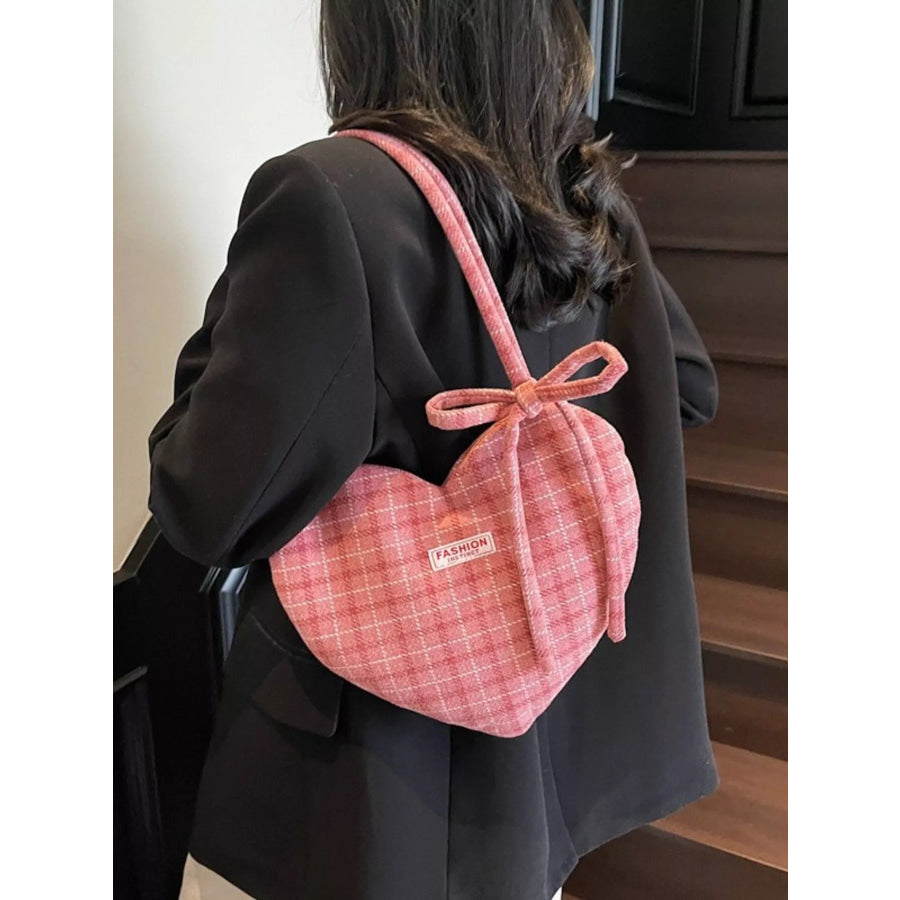 Heart-Shaped Plaid Shoulder Bag Wine Red / ONESIZE Apparel and Accessories