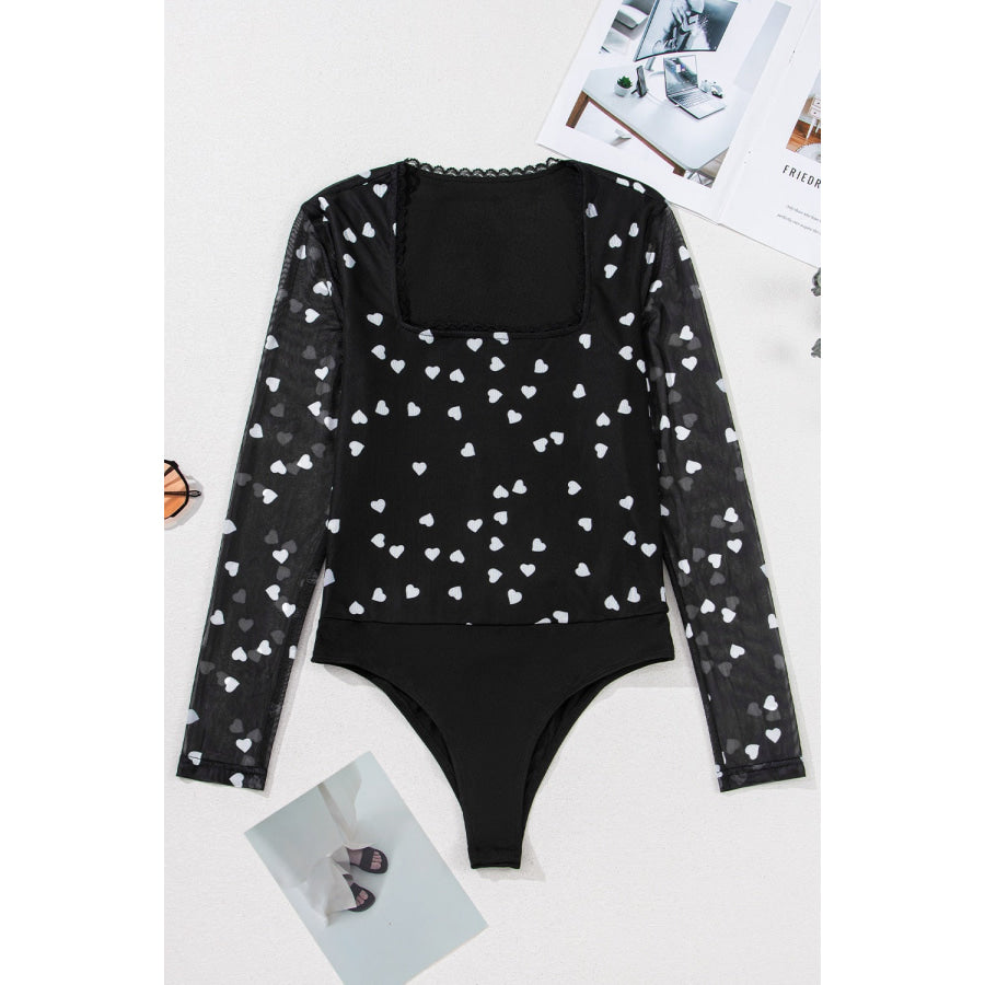 Heart Square Neck Long Sleeve Bodysuit Apparel and Accessories