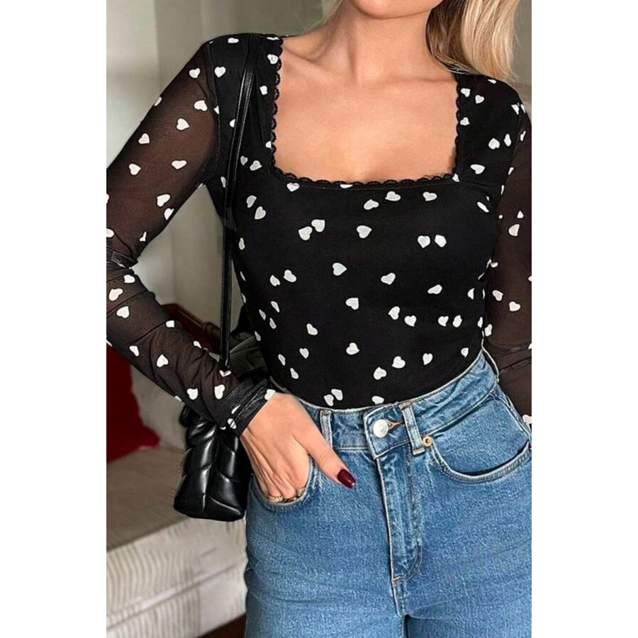 Heart Square Neck Long Sleeve Bodysuit Apparel and Accessories