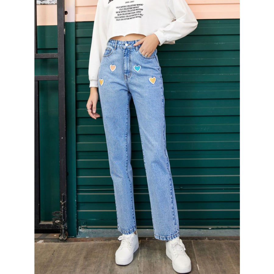 Heart Straight Leg Jeans with Pockets Apparel and Accessories