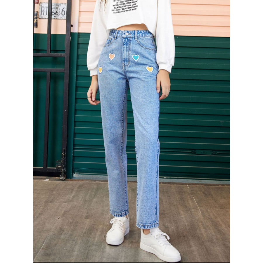 Heart Straight Leg Jeans with Pockets Apparel and Accessories