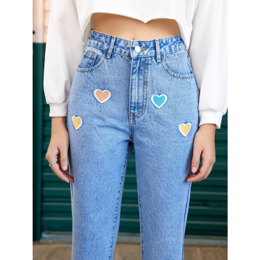 Heart Straight Leg Jeans with Pockets Apparel and Accessories