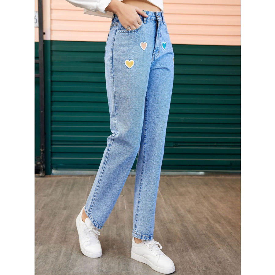 Heart Straight Leg Jeans with Pockets Apparel and Accessories