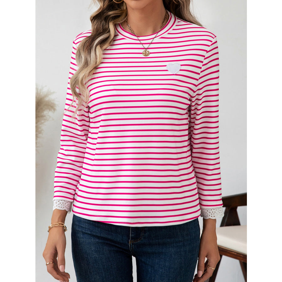 Heart Striped Round Neck Long Sleeve T-Shirt White / S Apparel and Accessories