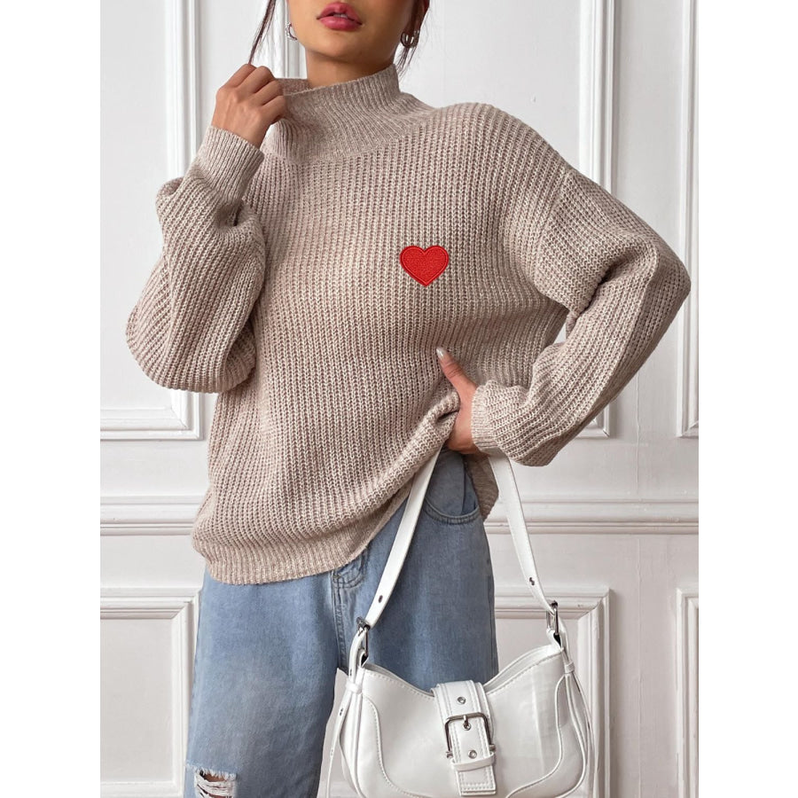 Heart Turtleneck Dropped Shoulder Long Sleeve Sweater Apparel and Accessories