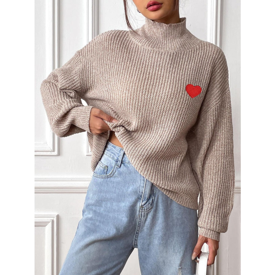 Heart Turtleneck Dropped Shoulder Long Sleeve Sweater Apparel and Accessories