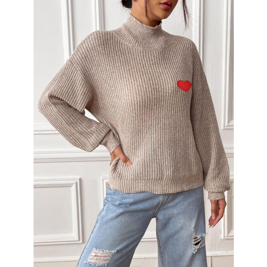 Heart Turtleneck Dropped Shoulder Long Sleeve Sweater Apparel and Accessories