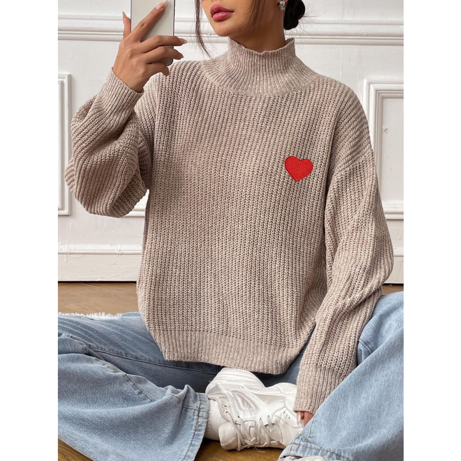 Heart Turtleneck Dropped Shoulder Long Sleeve Sweater Khaki / S Apparel and Accessories