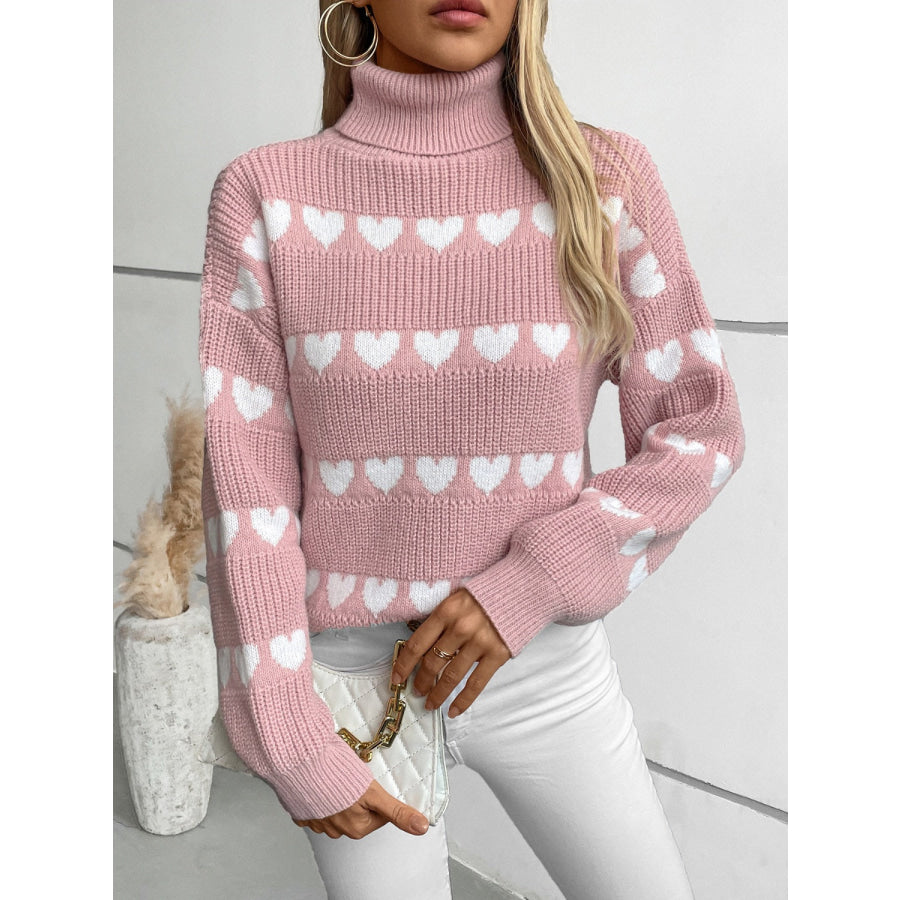 Heart Turtleneck Dropped Shoulder Sweater Apparel and Accessories