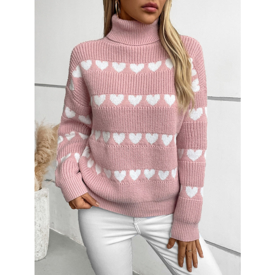 Heart Turtleneck Dropped Shoulder Sweater Apparel and Accessories