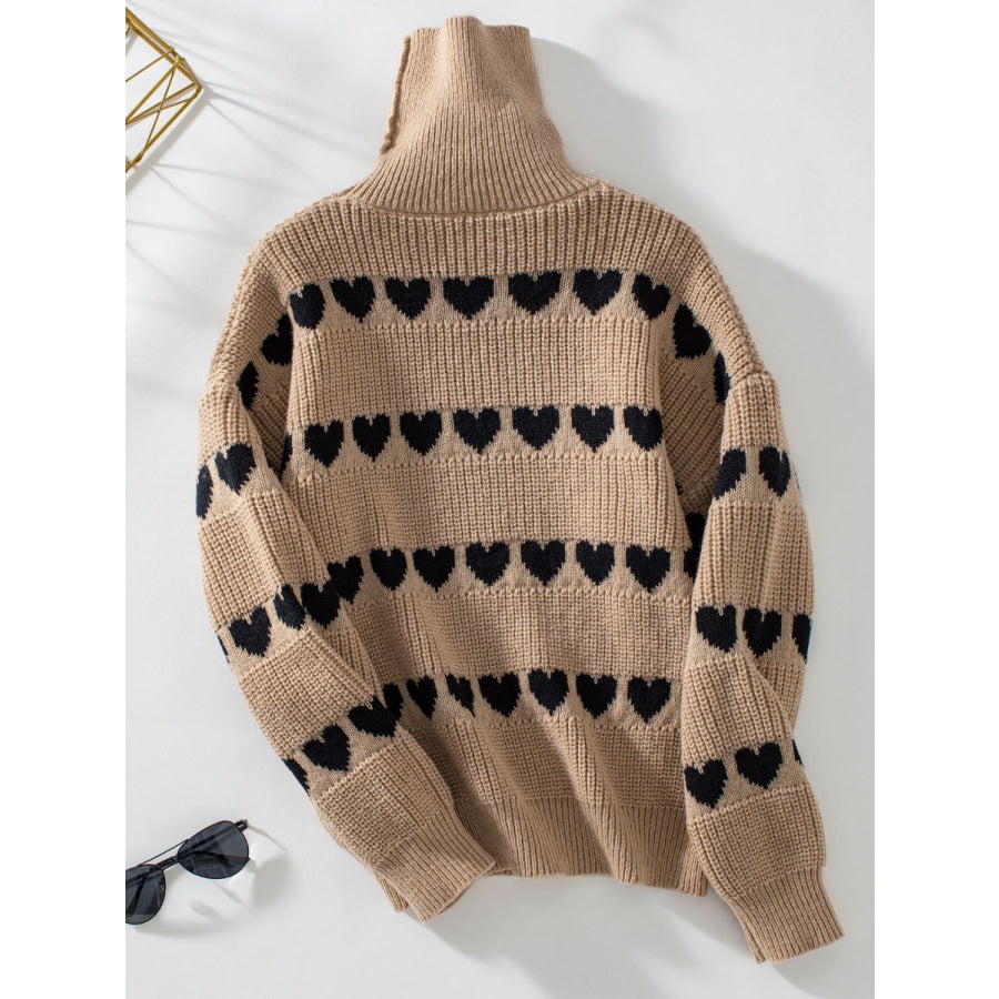 Heart Turtleneck Dropped Shoulder Sweater Apparel and Accessories