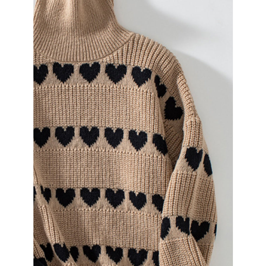 Heart Turtleneck Dropped Shoulder Sweater Apparel and Accessories