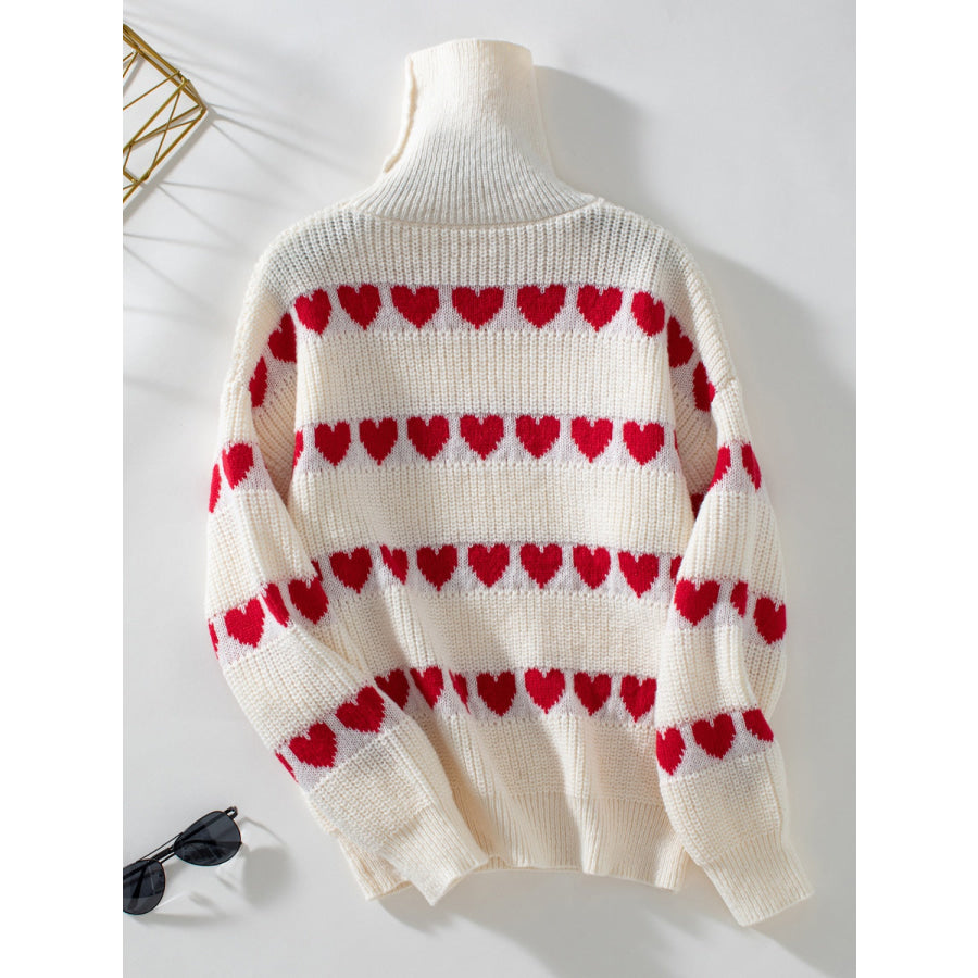 Heart Turtleneck Dropped Shoulder Sweater Apparel and Accessories